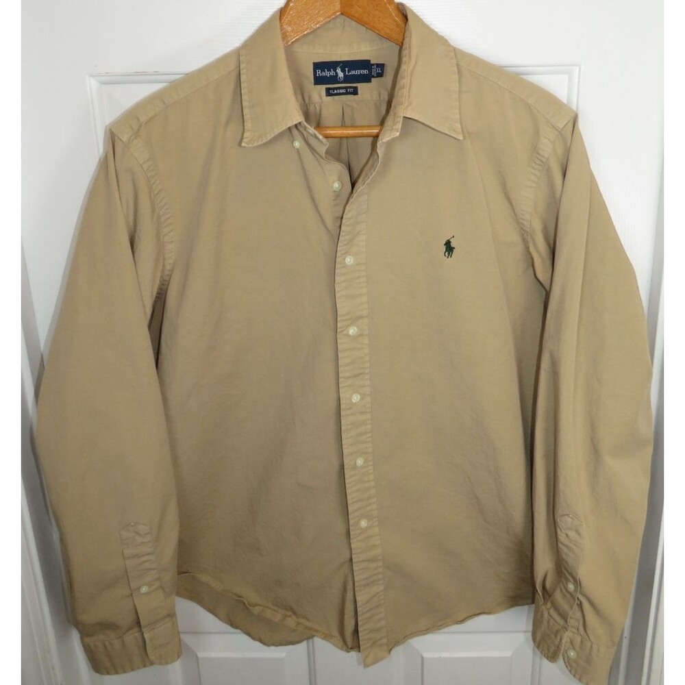 Polo Ralph Lauren Lightweight Oxford Classic Button Down Shirt XL Tan/Green Pony